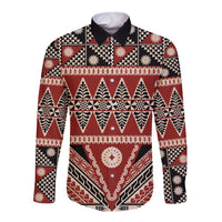 Vintage Bula Fiji Long Sleeve Button Shirt Red Tapa Masi Motif LT9 Unisex Red - Polynesian Pride