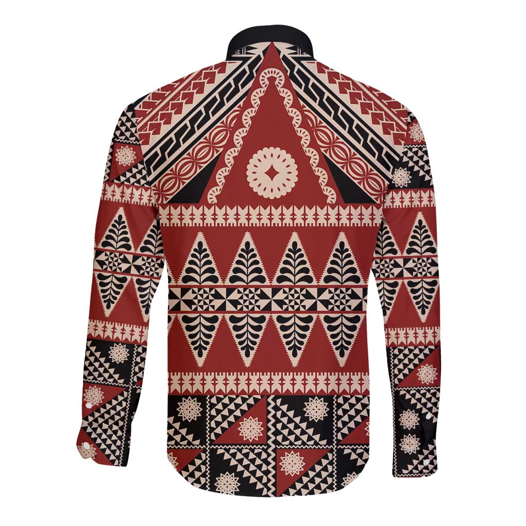Vintage Bula Fiji Long Sleeve Button Shirt Red Tapa Masi Motif LT9 - Polynesian Pride