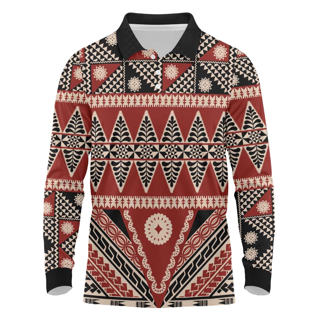 Vintage Bula Fiji Long Sleeve Polo Shirt Red Tapa Masi Motif LT9 Red - Polynesian Pride
