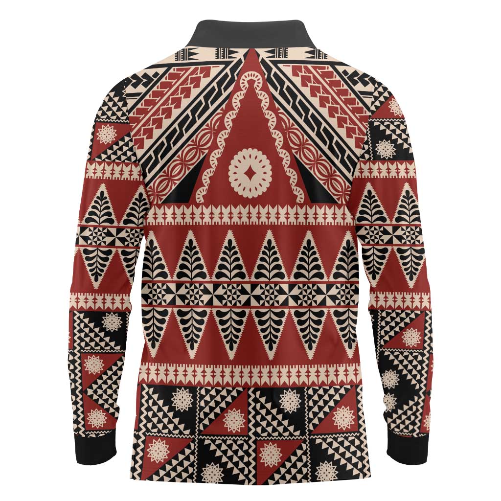 Vintage Bula Fiji Long Sleeve Polo Shirt Red Tapa Masi Motif LT9 - Polynesian Pride