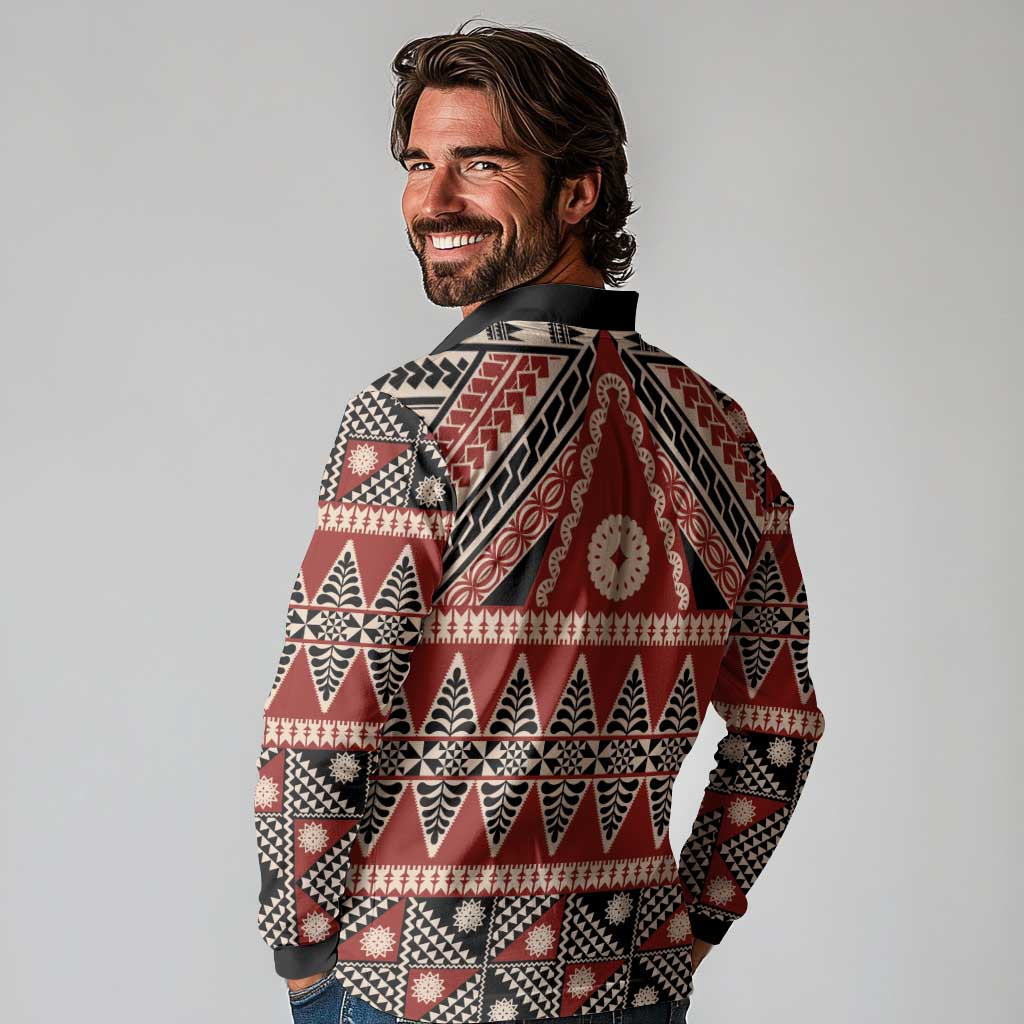 Vintage Bula Fiji Long Sleeve Polo Shirt Red Tapa Masi Motif LT9 - Polynesian Pride