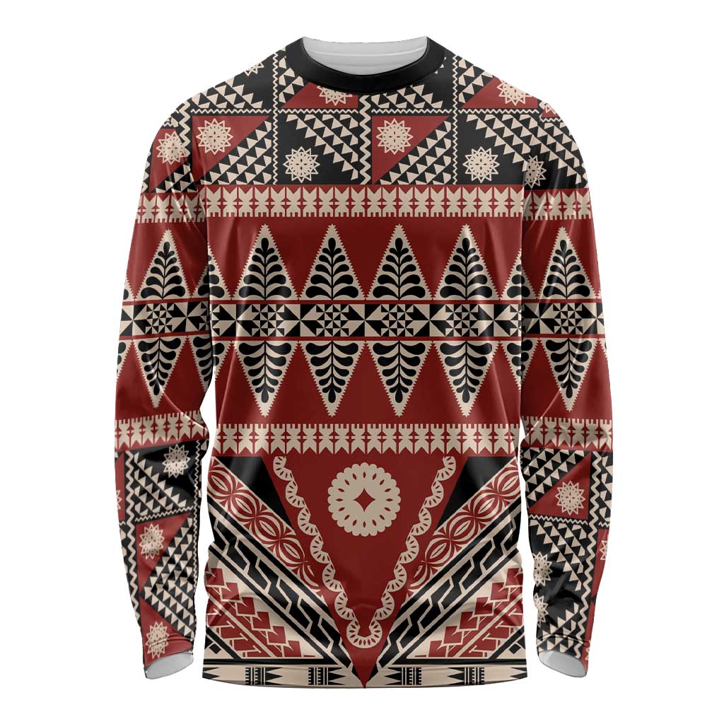 Vintage Bula Fiji Long Sleeve Shirt Red Tapa Masi Motif LT9 Unisex Red - Polynesian Pride