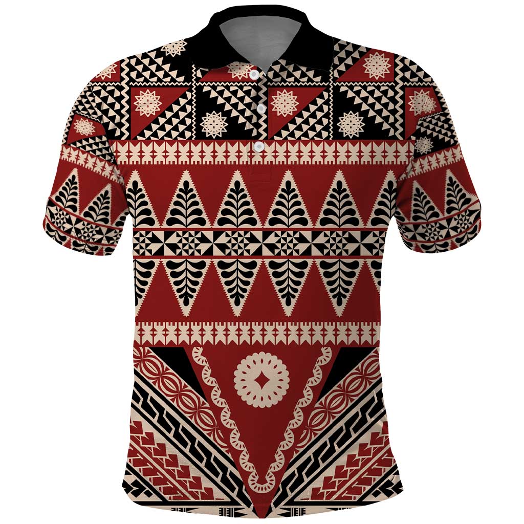 Vintage Bula Fiji Polo Shirt Red Tapa Masi Motif