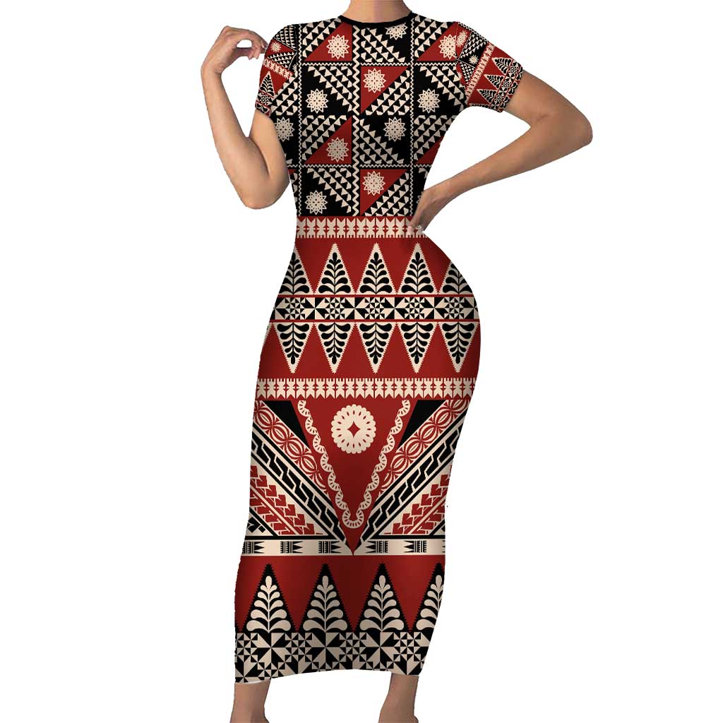 Vintage Bula Fiji Short Sleeve Bodycon Dress Red Tapa Masi Motif