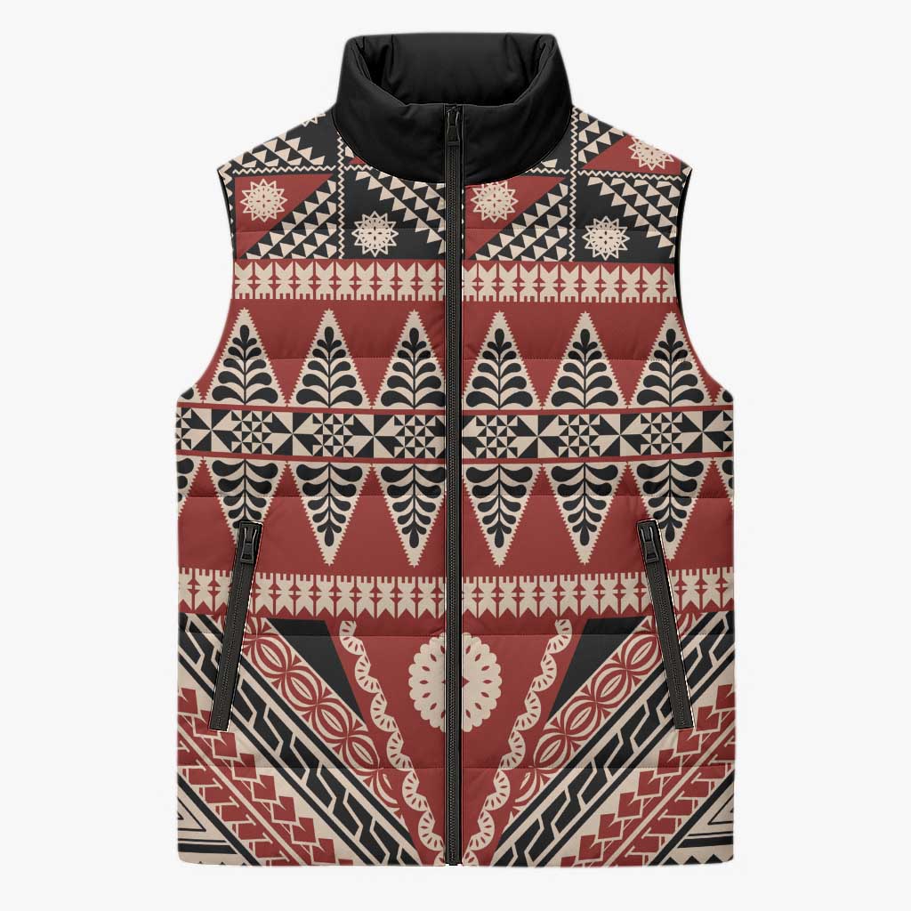 Vintage Bula Fiji Sleeveless Puffer Jacket Red Tapa Masi Motif LT9 Unisex Red - Polynesian Pride