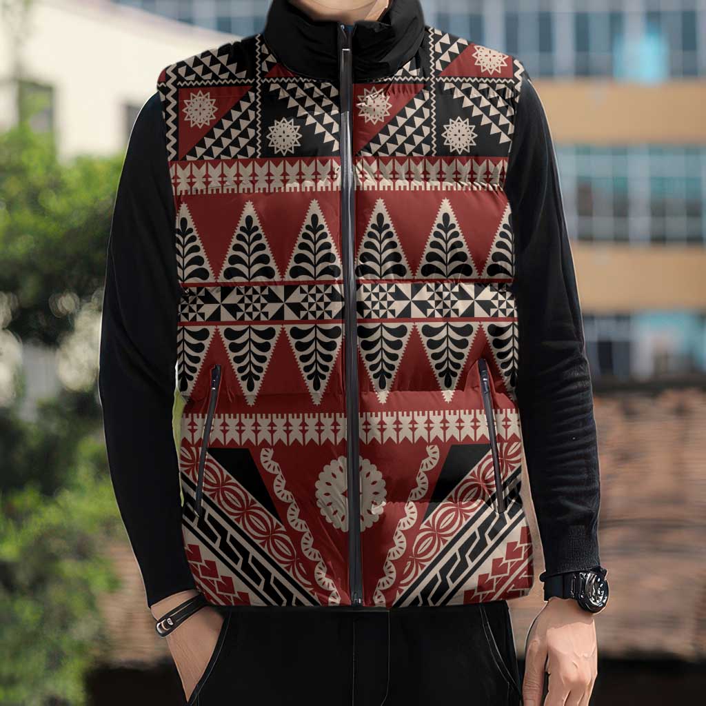 Vintage Bula Fiji Sleeveless Puffer Jacket Red Tapa Masi Motif LT9 - Polynesian Pride