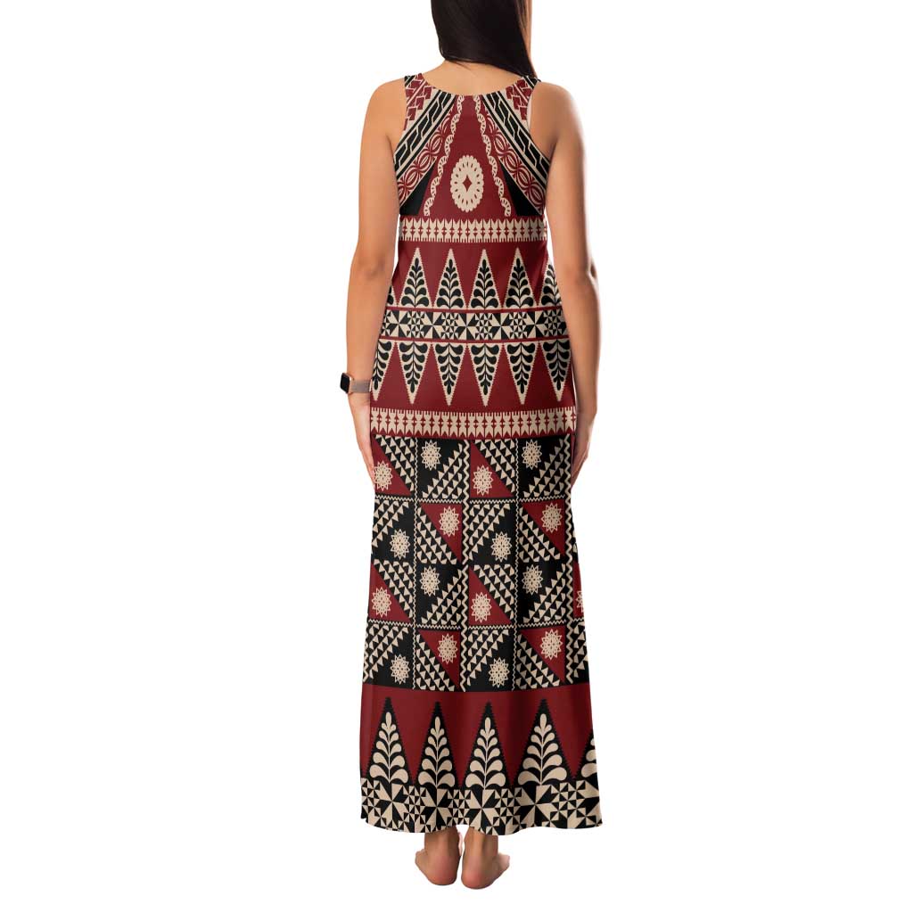 Vintage Bula Fiji Tank Maxi Dress Red Tapa Masi Motif