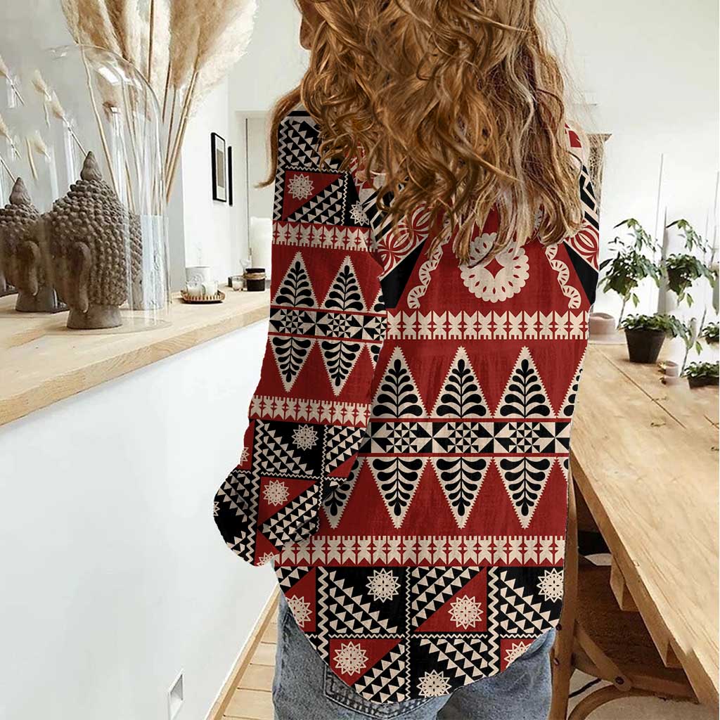 Vintage Bula Fiji Women Casual Shirt Red Tapa Masi Motif