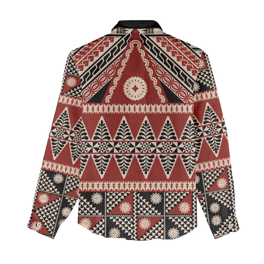 Vintage Bula Fiji Women Casual Shirt Red Tapa Masi Motif