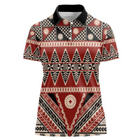 Vintage Bula Fiji Women Polo Shirt Red Tapa Masi Motif