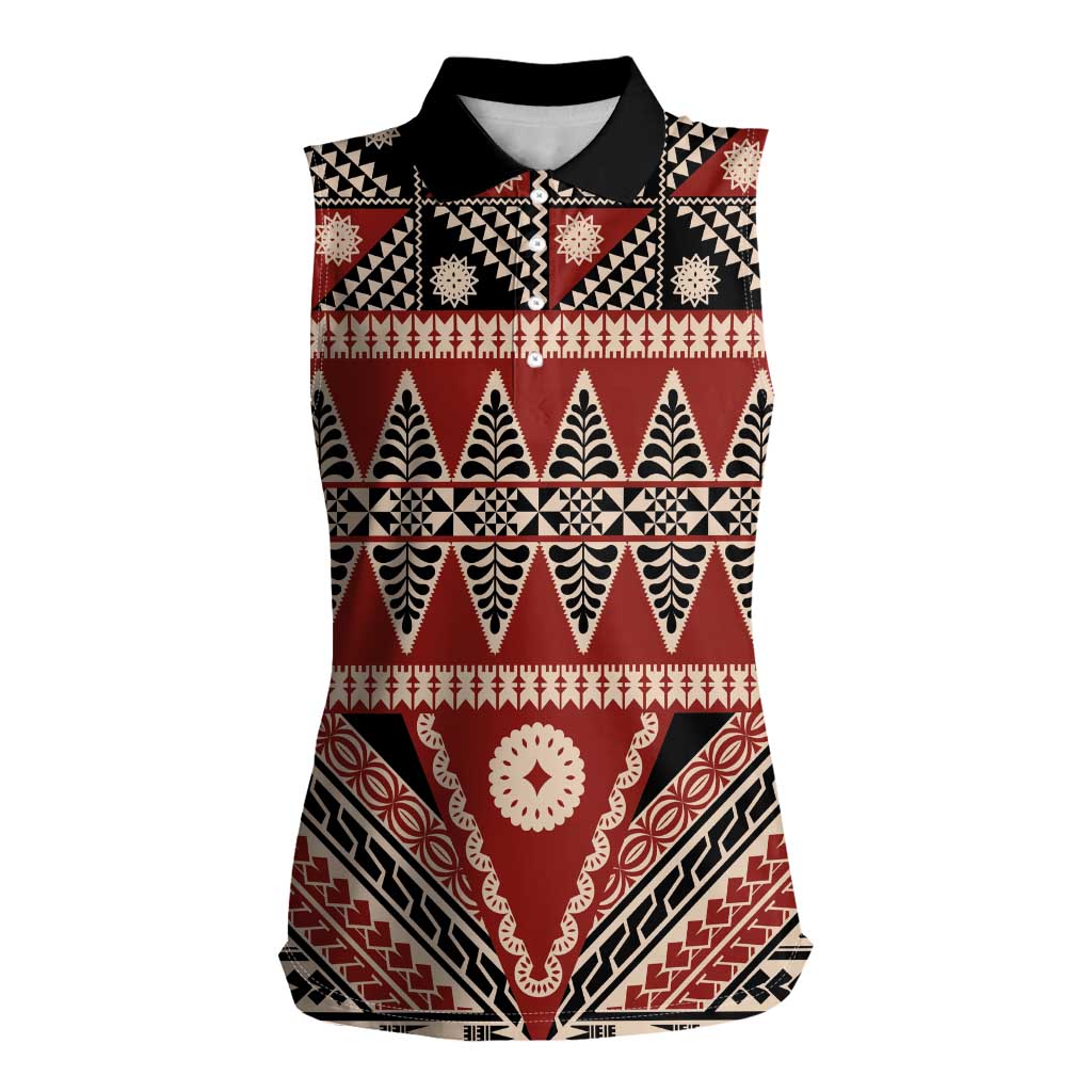 Vintage Bula Fiji Women Sleeveless Polo Shirt Red Tapa Masi Motif LT9 Female Red - Polynesian Pride