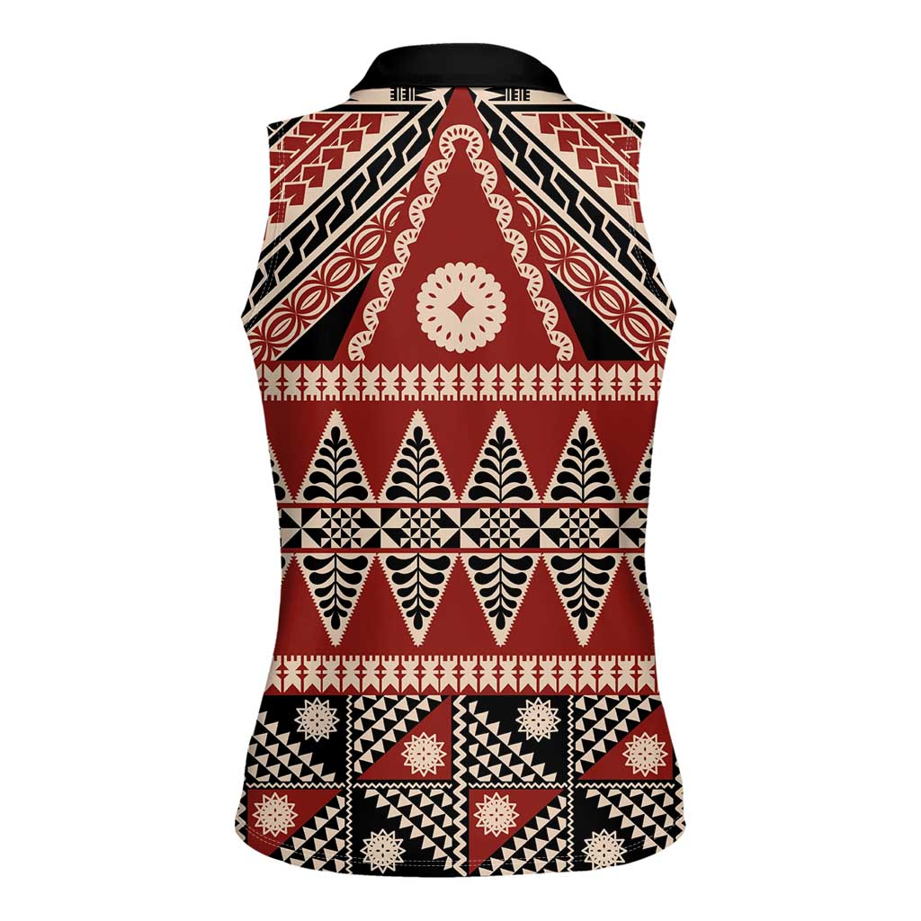 Vintage Bula Fiji Women Sleeveless Polo Shirt Red Tapa Masi Motif LT9 - Polynesian Pride