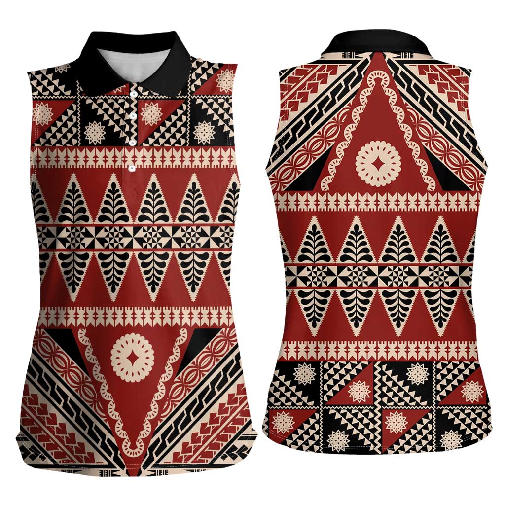 Vintage Bula Fiji Women Sleeveless Polo Shirt Red Tapa Masi Motif LT9 - Polynesian Pride