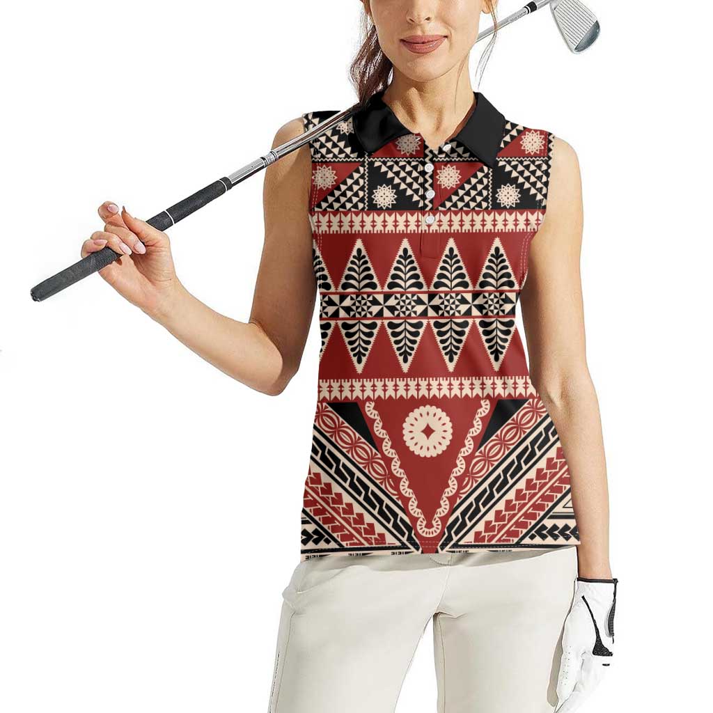 Vintage Bula Fiji Women Sleeveless Polo Shirt Red Tapa Masi Motif LT9 - Polynesian Pride