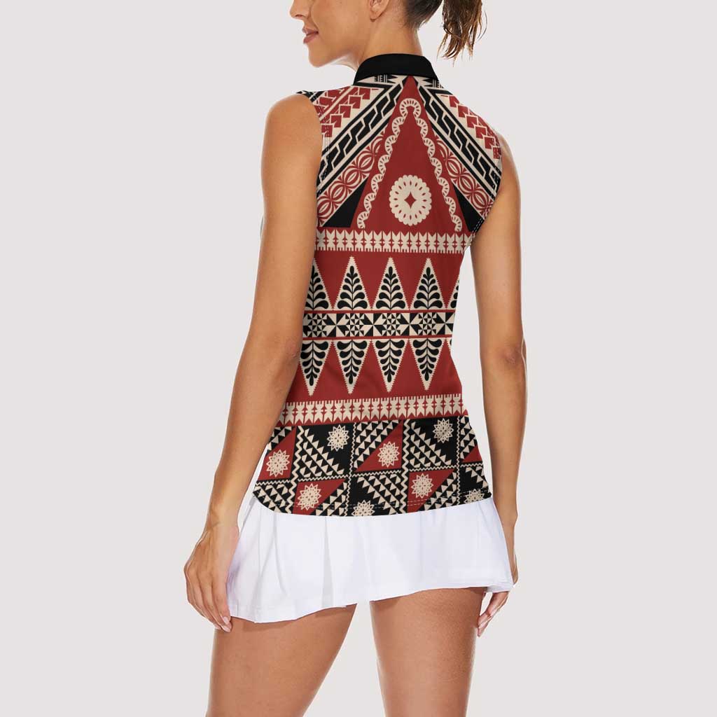 Vintage Bula Fiji Women Sleeveless Polo Shirt Red Tapa Masi Motif LT9 - Polynesian Pride