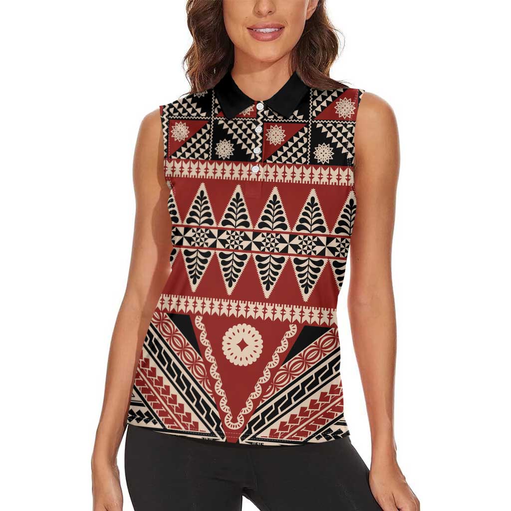 Vintage Bula Fiji Women Sleeveless Polo Shirt Red Tapa Masi Motif LT9 - Polynesian Pride