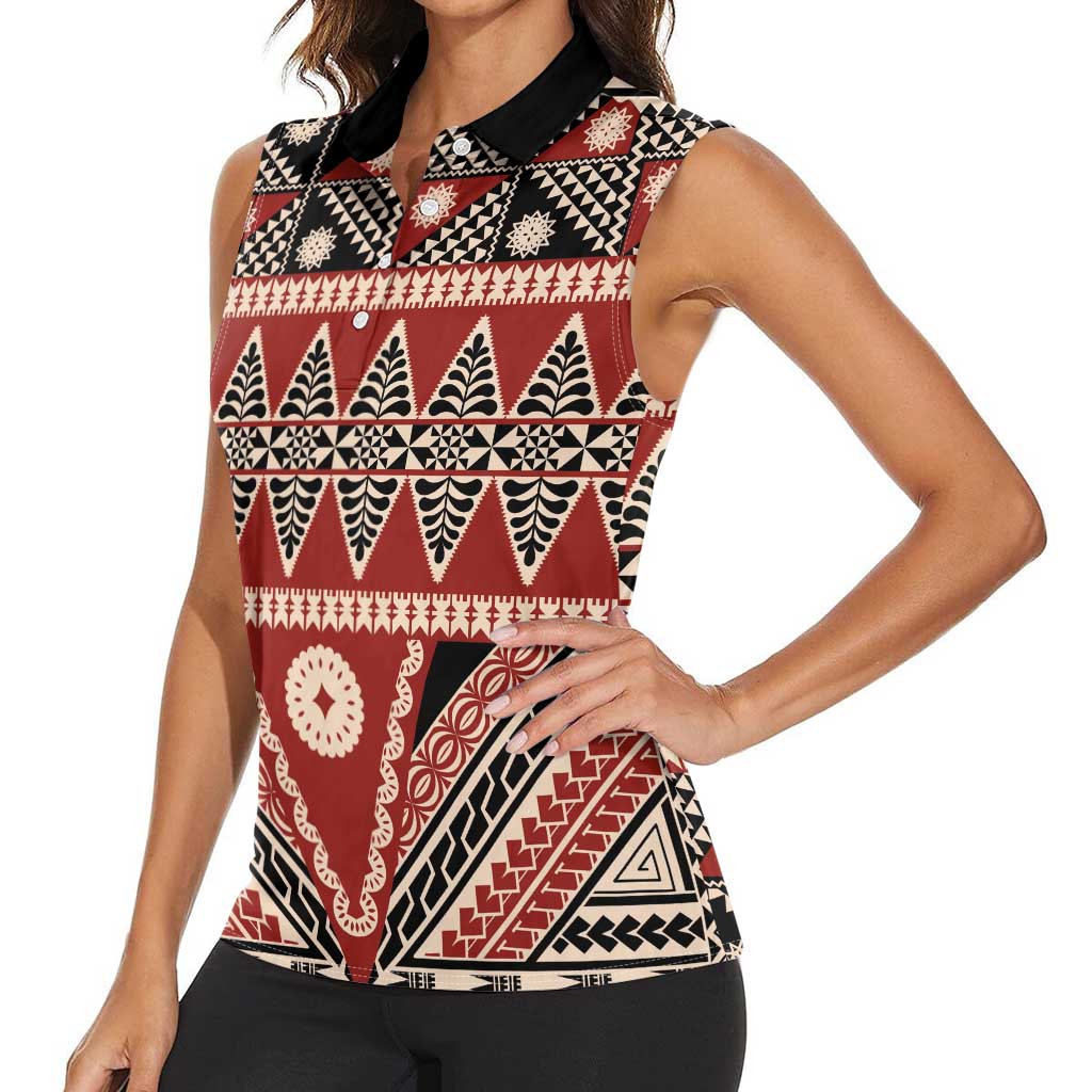 Vintage Bula Fiji Women Sleeveless Polo Shirt Red Tapa Masi Motif LT9 - Polynesian Pride