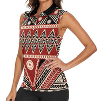 Vintage Bula Fiji Women Sleeveless Polo Shirt Red Tapa Masi Motif LT9 - Polynesian Pride