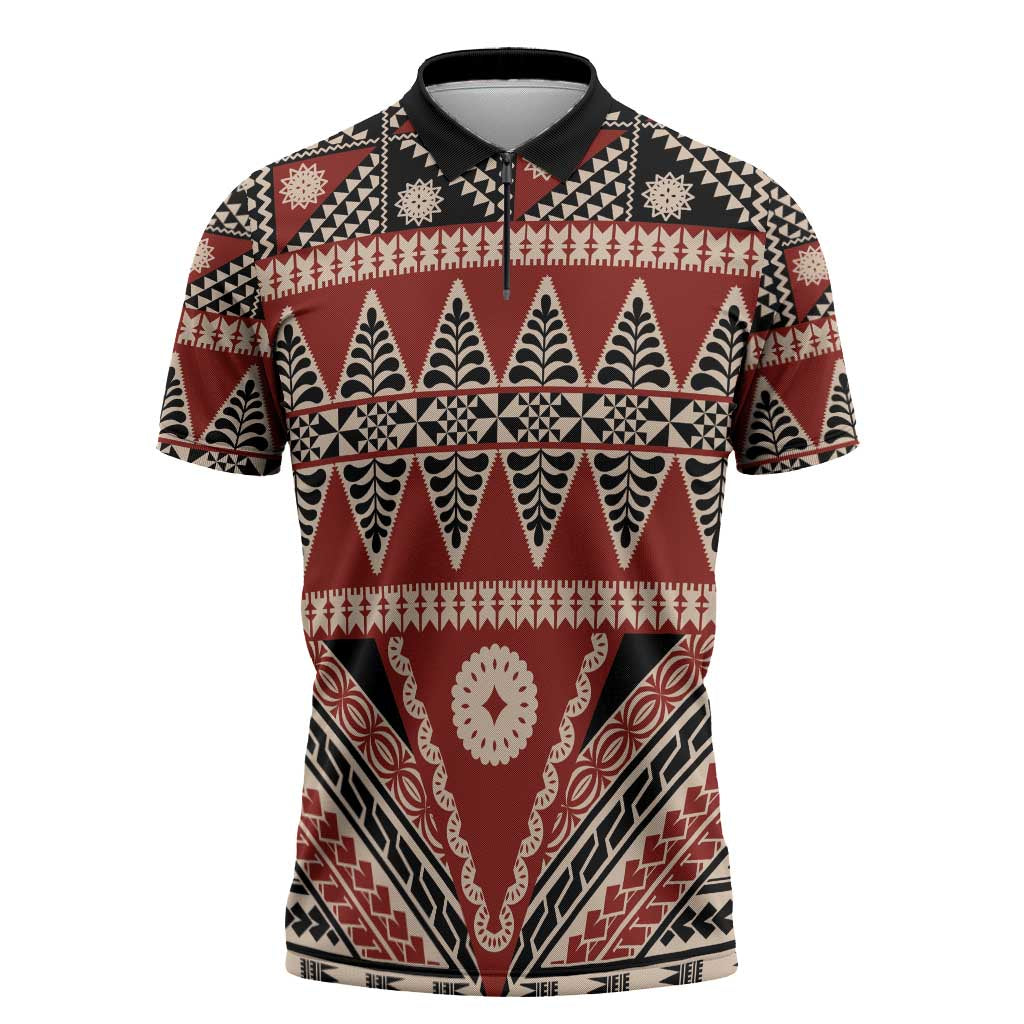 Vintage Bula Fiji Zipper Polo Shirt Red Tapa Masi Motif LT9 Red - Polynesian Pride
