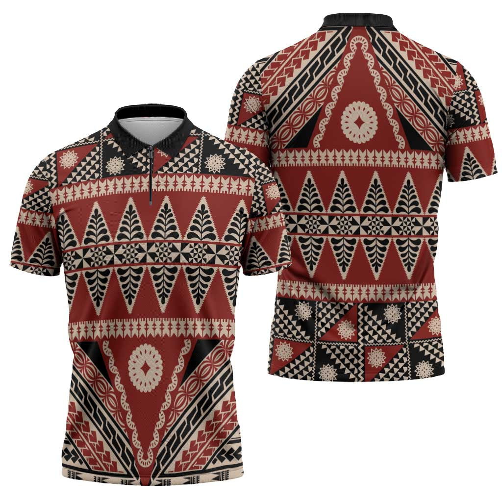 Vintage Bula Fiji Zipper Polo Shirt Red Tapa Masi Motif LT9 - Polynesian Pride