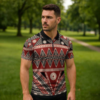 Vintage Bula Fiji Zipper Polo Shirt Red Tapa Masi Motif LT9 - Polynesian Pride