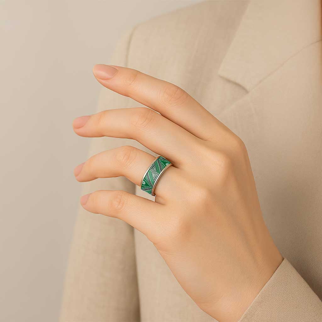 Vintage Bula Fiji Classic Ring Green Tapa Motif Fijian Tribal Masi - Polynesian Pride