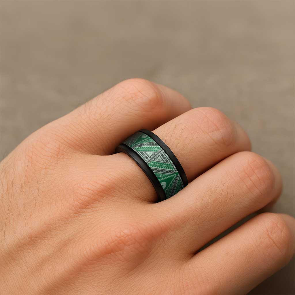 Vintage Bula Fiji Spinner Ring Green Tapa Motif Fijian Tribal Masi - Polynesian Pride