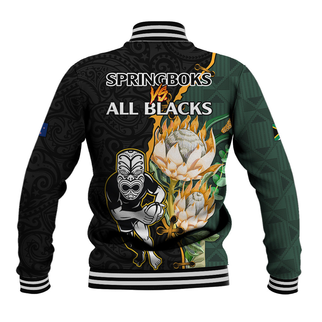 South Africa Protea and New Zealand Baseball Jacket Go All Black-Springboks Rugby with Kente And Maori LT9 - Polynesian Pride