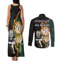 South Africa Protea and New Zealand Couples Matching Tank Maxi Dress and Long Sleeve Button Shirts Go All Black-Springboks Rugby with Kente And Maori LT9 - Polynesian Pride