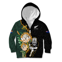 South Africa Protea and New Zealand Kid Hoodie Go All Black-Springboks Rugby with Kente And Maori LT9 Zip Hoodie Black Green - Polynesian Pride