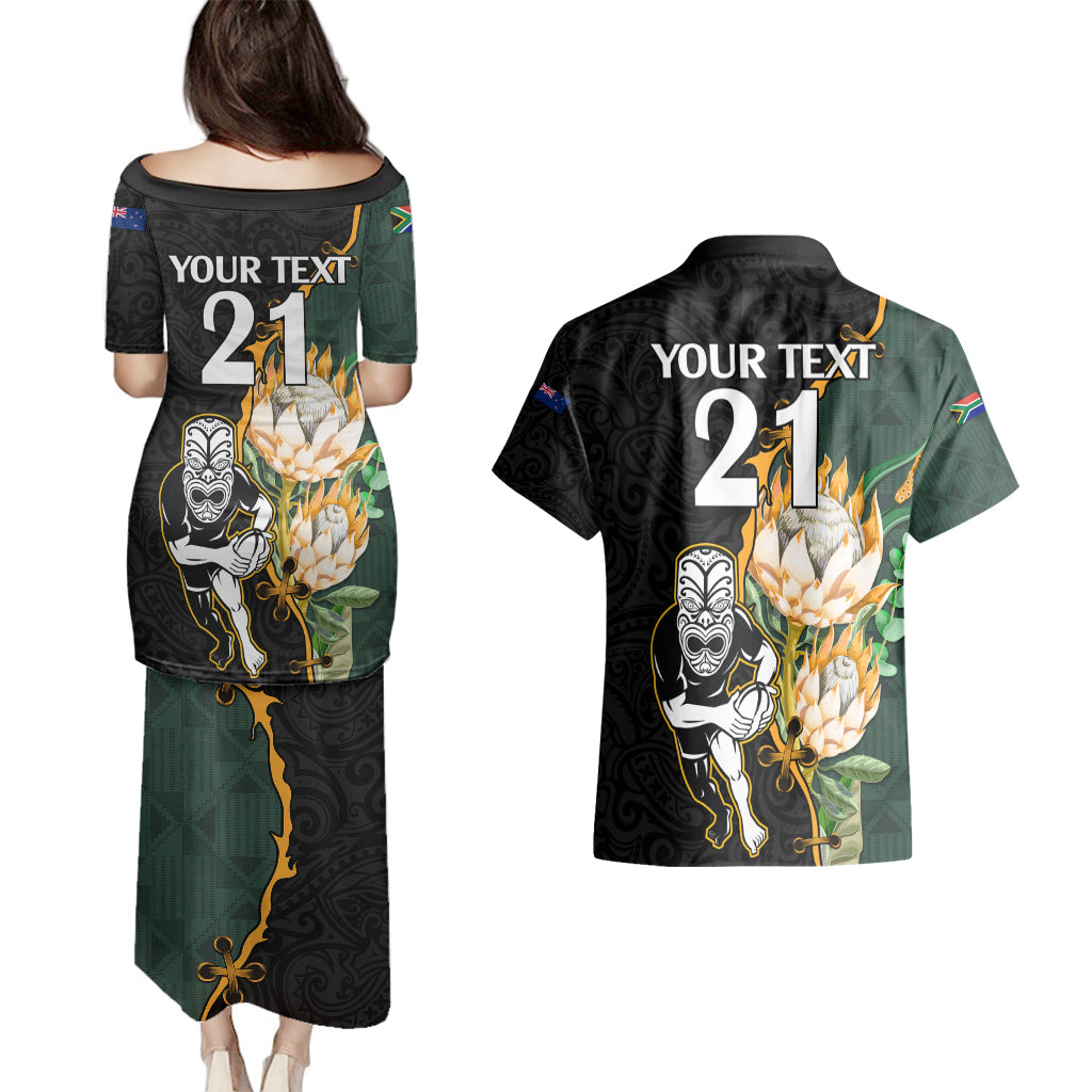 Custom South Africa Protea and New Zealand Couples Matching Puletasi Dress and Hawaiian Shirt Go All Black-Springboks Rugby with Kente And Maori LT9 - Polynesian Pride
