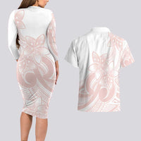 Polynesian Tribal Plumeria Lotu Tamaiti Couples Matching Long Sleeve Bodycon Dress and Hawaiian Shirt Pastel Blush - Polynesian Pride