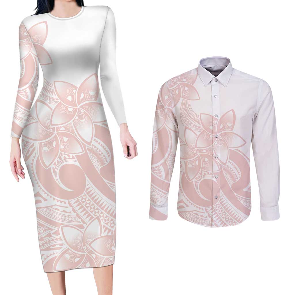 Polynesian Tribal Plumeria Lotu Tamaiti Couples Matching Long Sleeve Bodycon Dress and Long Sleeve Button Shirt Pastel Blush - Polynesian Pride
