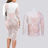 Polynesian Tribal Plumeria Lotu Tamaiti Couples Matching Long Sleeve Bodycon Dress and Long Sleeve Button Shirt Pastel Blush - Polynesian Pride