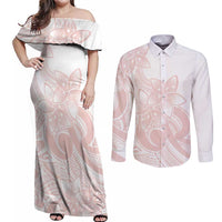 Polynesian Tribal Plumeria Lotu Tamaiti Couples Matching Off Shoulder Maxi Dress and Long Sleeve Button Shirt Pastel Blush - Polynesian Pride