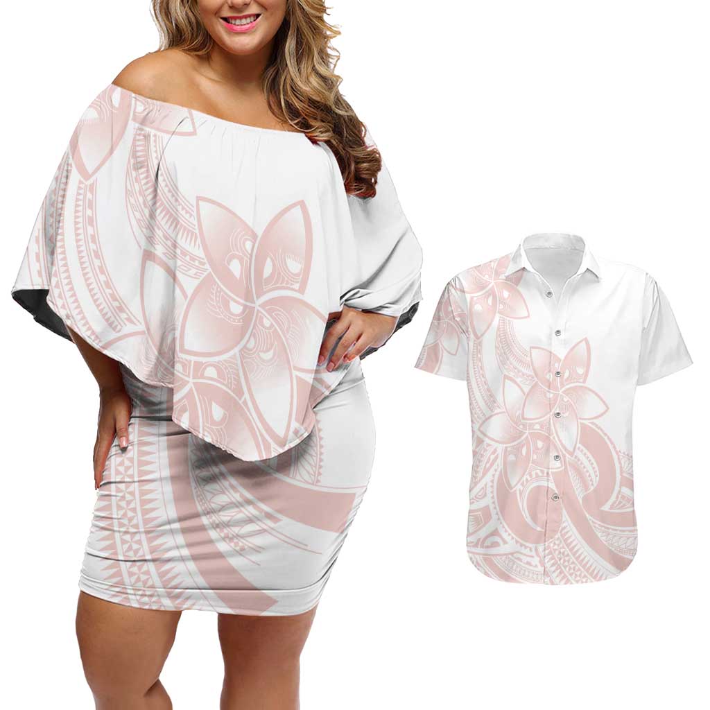 Polynesian Tribal Plumeria Lotu Tamaiti Couples Matching Off Shoulder Short Dress and Hawaiian Shirt Pastel Blush - Polynesian Pride