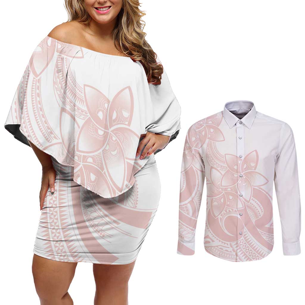 Polynesian Tribal Plumeria Lotu Tamaiti Couples Matching Off Shoulder Short Dress and Long Sleeve Button Shirt Pastel Blush - Polynesian Pride