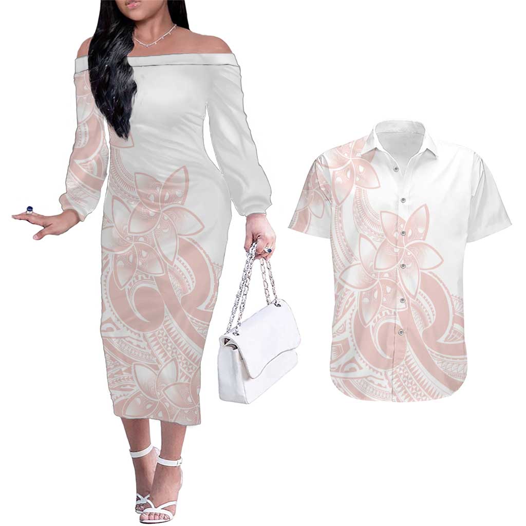 Polynesian Tribal Plumeria Lotu Tamaiti Couples Matching Off The Shoulder Long Sleeve Dress and Hawaiian Shirt Pastel Blush - Polynesian Pride