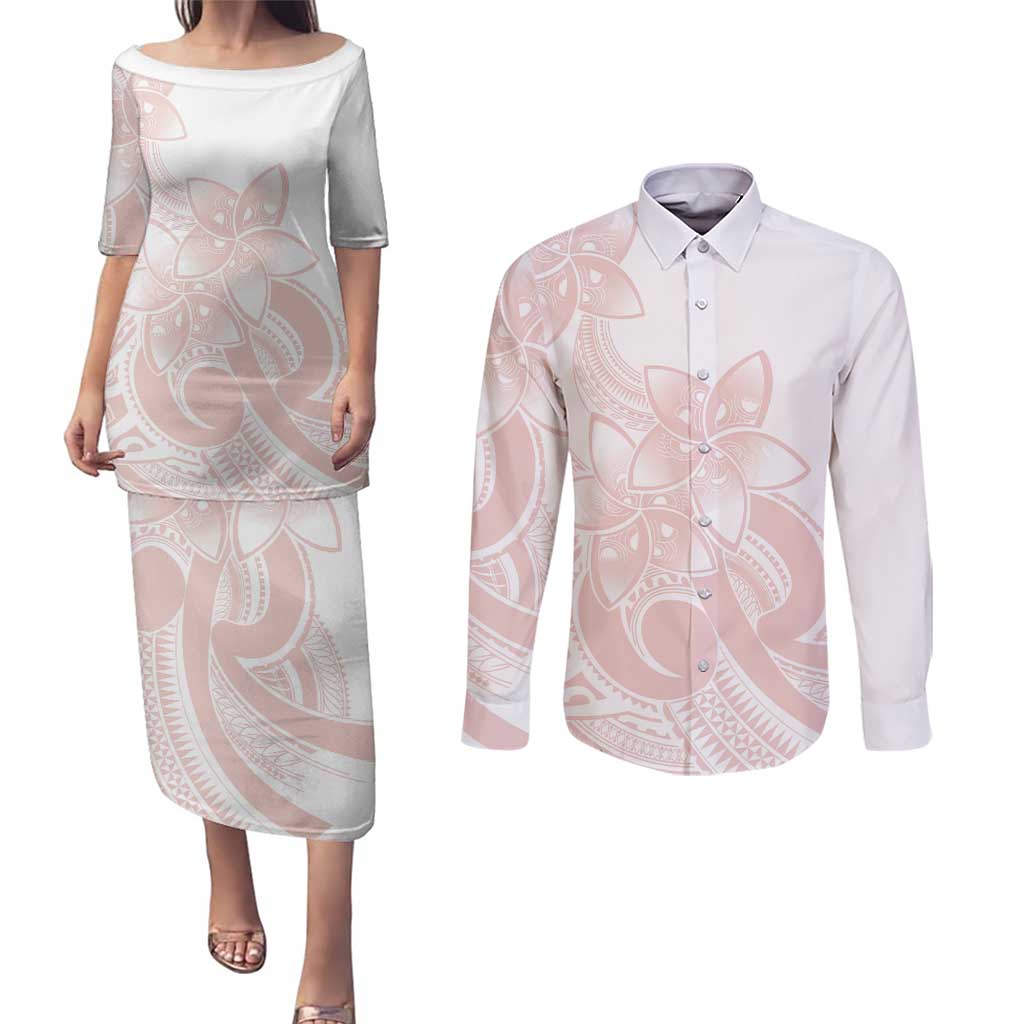 Polynesian Tribal Plumeria Lotu Tamaiti Couples Matching Puletasi and Long Sleeve Button Shirt Pastel Blush - Polynesian Pride