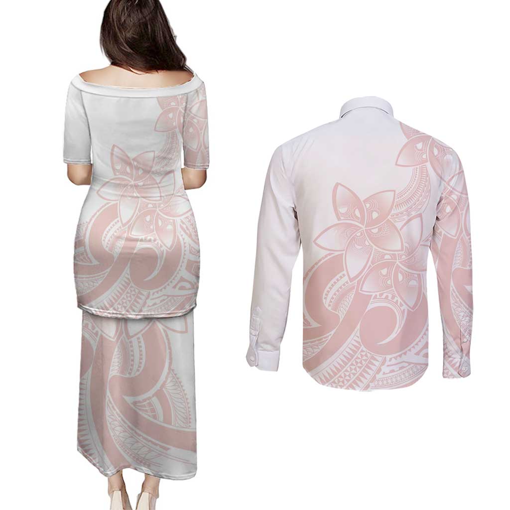 Polynesian Tribal Plumeria Lotu Tamaiti Couples Matching Puletasi and Long Sleeve Button Shirt Pastel Blush - Polynesian Pride