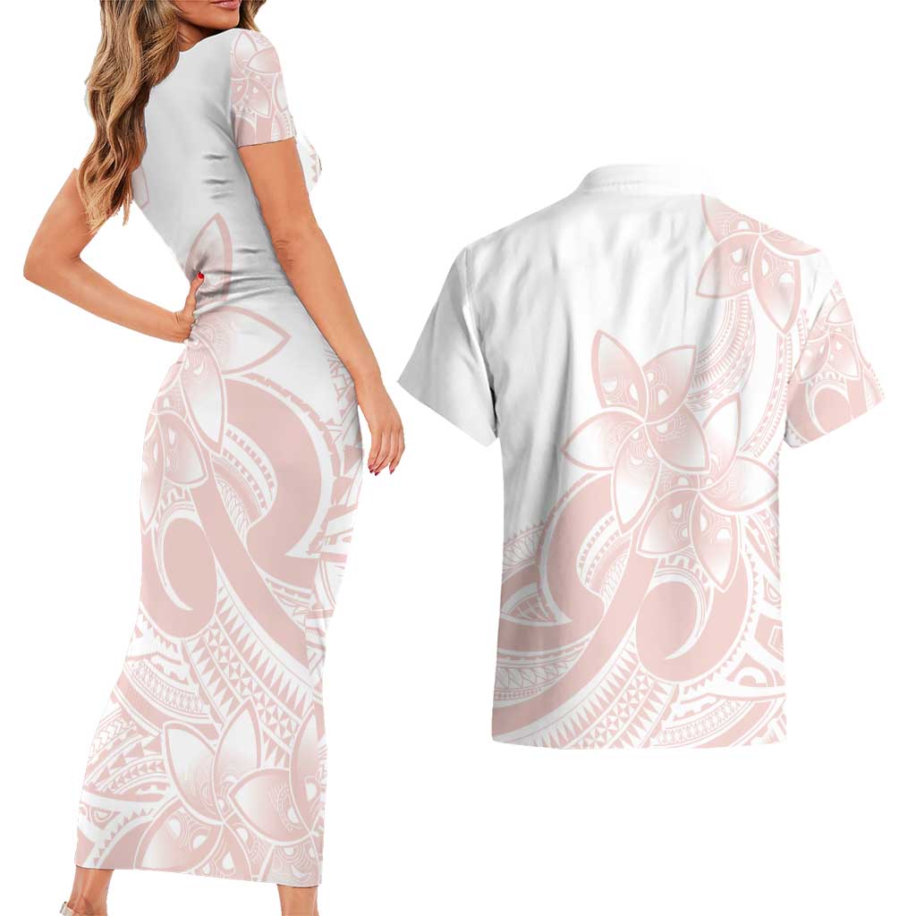 Polynesian Tribal Plumeria Lotu Tamaiti Couples Matching Short Sleeve Bodycon Dress and Hawaiian Shirt Pastel Blush - Polynesian Pride