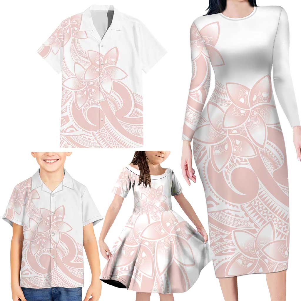 Polynesian Tribal Plumeria Lotu Tamaiti Family Matching Long Sleeve Bodycon Dress and Hawaiian Shirt Pastel Blush - Polynesian Pride