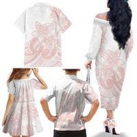 Polynesian Tribal Plumeria Lotu Tamaiti Family Matching Off The Shoulder Long Sleeve Dress and Hawaiian Shirt Pastel Blush - Polynesian Pride