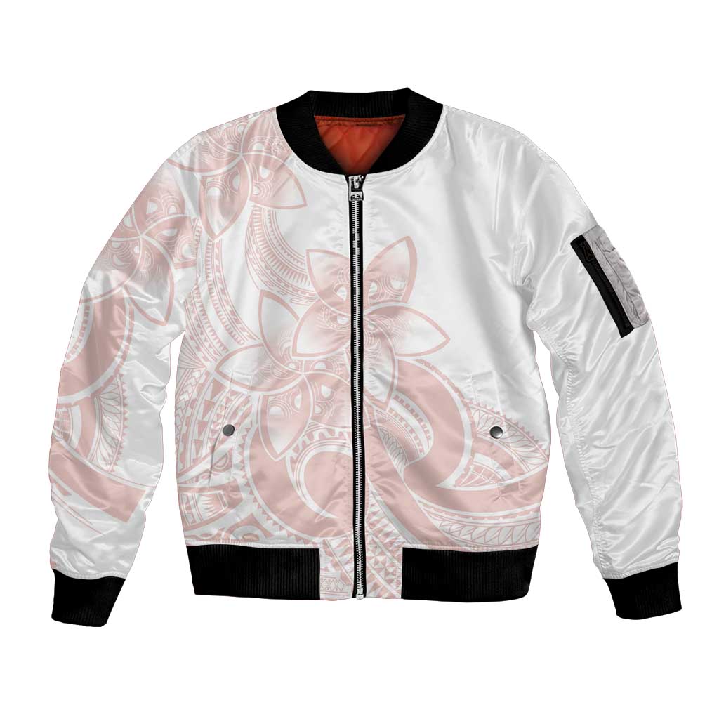 Polynesian Tribal Plumeria Lotu Tamaiti Sleeve Zip Bomber Jacket Pastel Blush - Polynesian Pride
