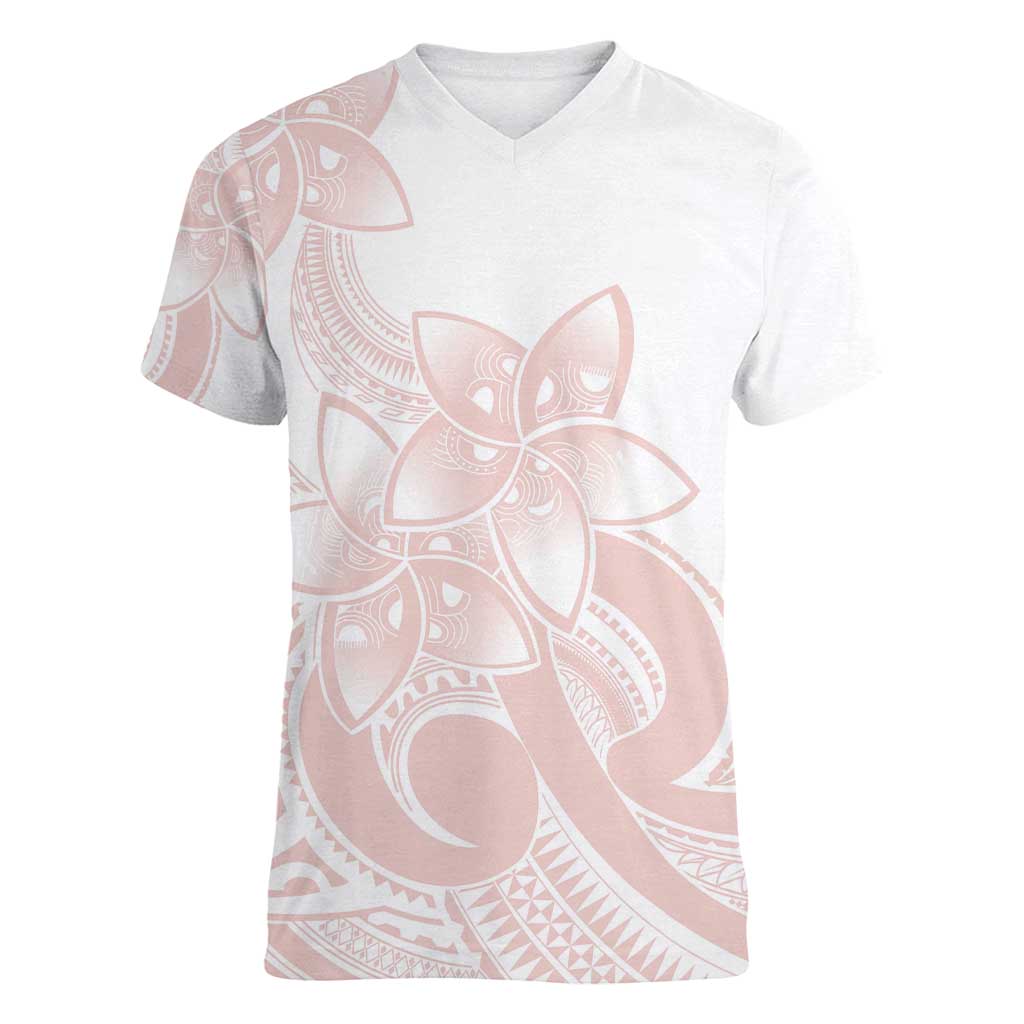 Polynesian Tribal Plumeria Lotu Tamaiti Women V-Neck T-Shirt Pastel Blush - Polynesian Pride