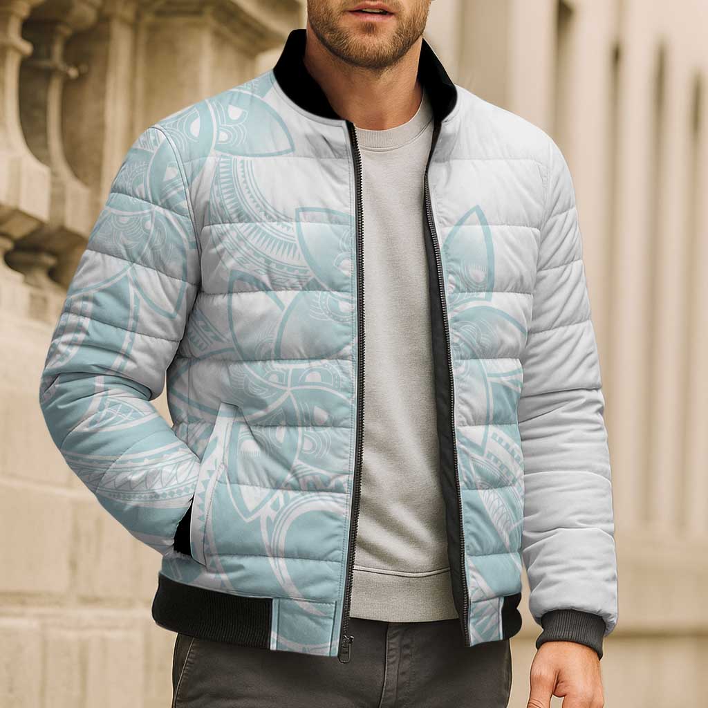 Polynesian Tribal Plumeria Lotu Tamaiti Bomber Puffer Jacket Pastel Cyan - Polynesian Pride