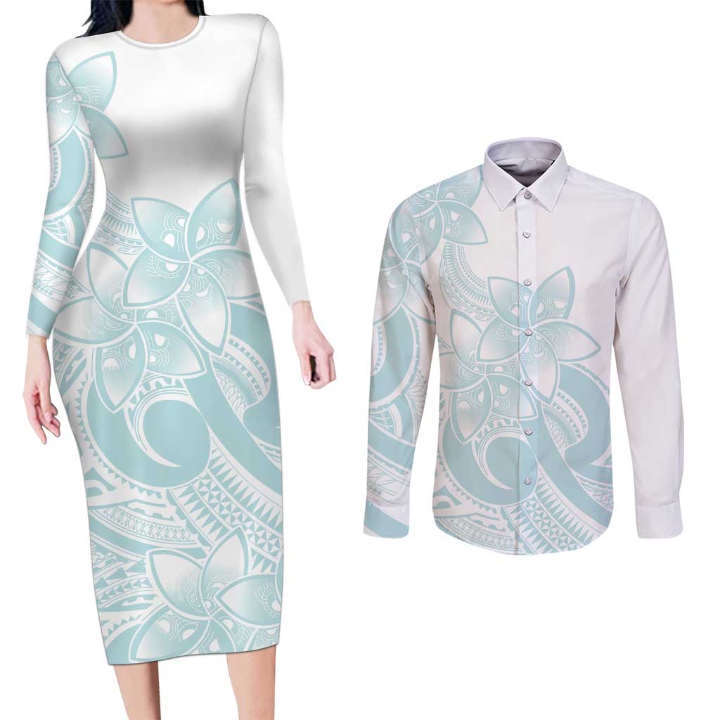 Polynesian Tribal Plumeria Lotu Tamaiti Couples Matching Long Sleeve Bodycon Dress and Long Sleeve Button Shirt Pastel Cyan - Polynesian Pride