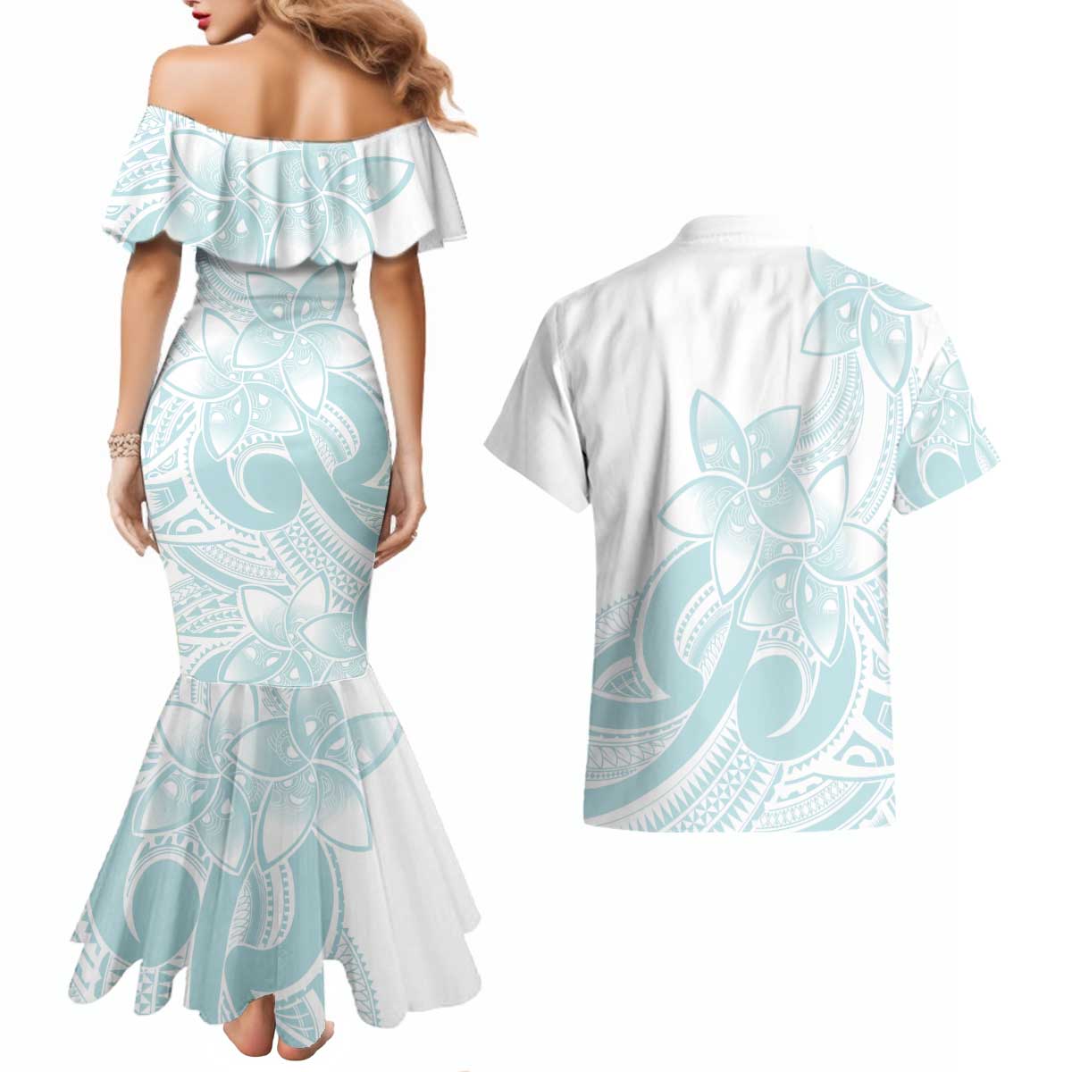 Polynesian Tribal Plumeria Lotu Tamaiti Couples Matching Mermaid Dress and Hawaiian Shirt Pastel Cyan - Polynesian Pride