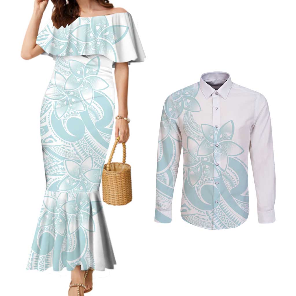 Polynesian Tribal Plumeria Lotu Tamaiti Couples Matching Mermaid Dress and Long Sleeve Button Shirt Pastel Cyan - Polynesian Pride
