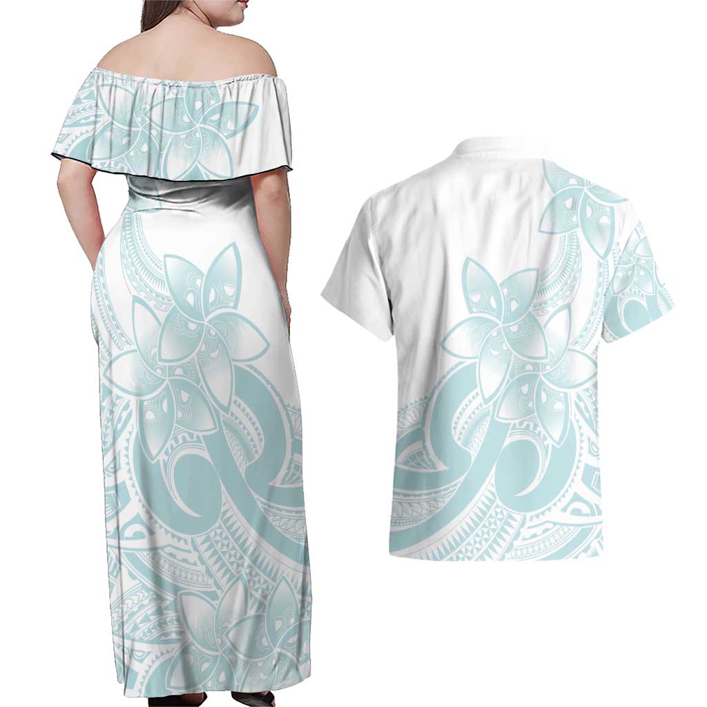 Polynesian Tribal Plumeria Lotu Tamaiti Couples Matching Off Shoulder Maxi Dress and Hawaiian Shirt Pastel Cyan - Polynesian Pride